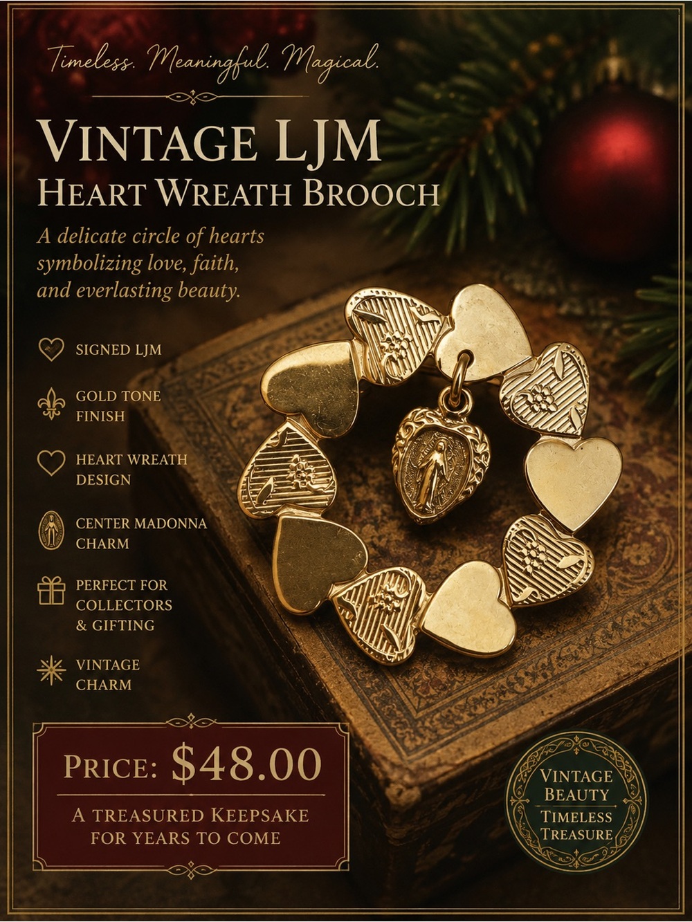 Vintage Sacred Heart Wreath Brooch – Gold Tone Religious Heart Pin